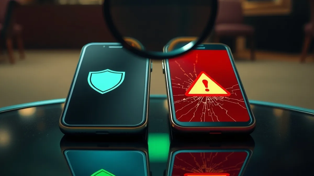 Magnifying glass comparing a genuine and a fake casino site on phones