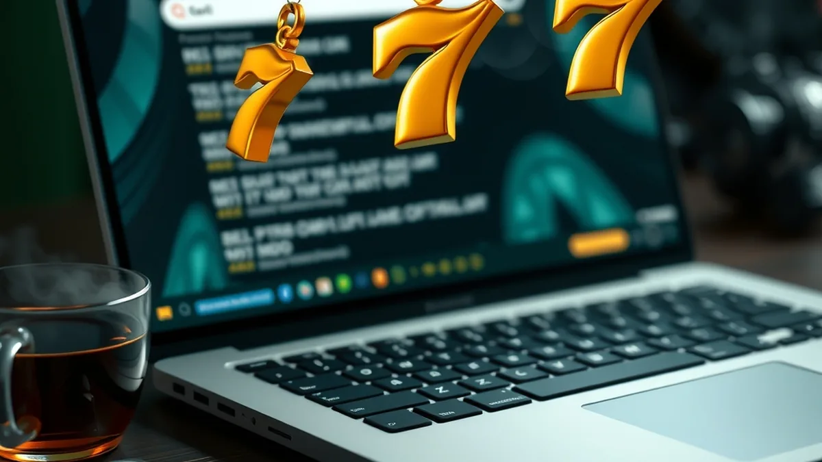 Laptop with blurred search results and floating golden lucky sevens
