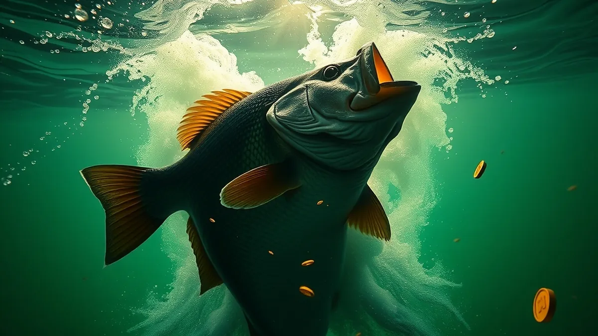 Bass bursting through a splash with glowing rings, Big Bass Splash slot
