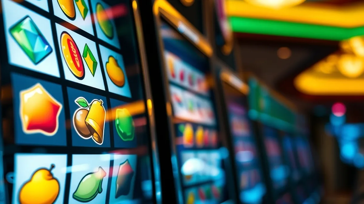 Illuminated slot reels with fruit and gem symbols at Patrick Spins casino