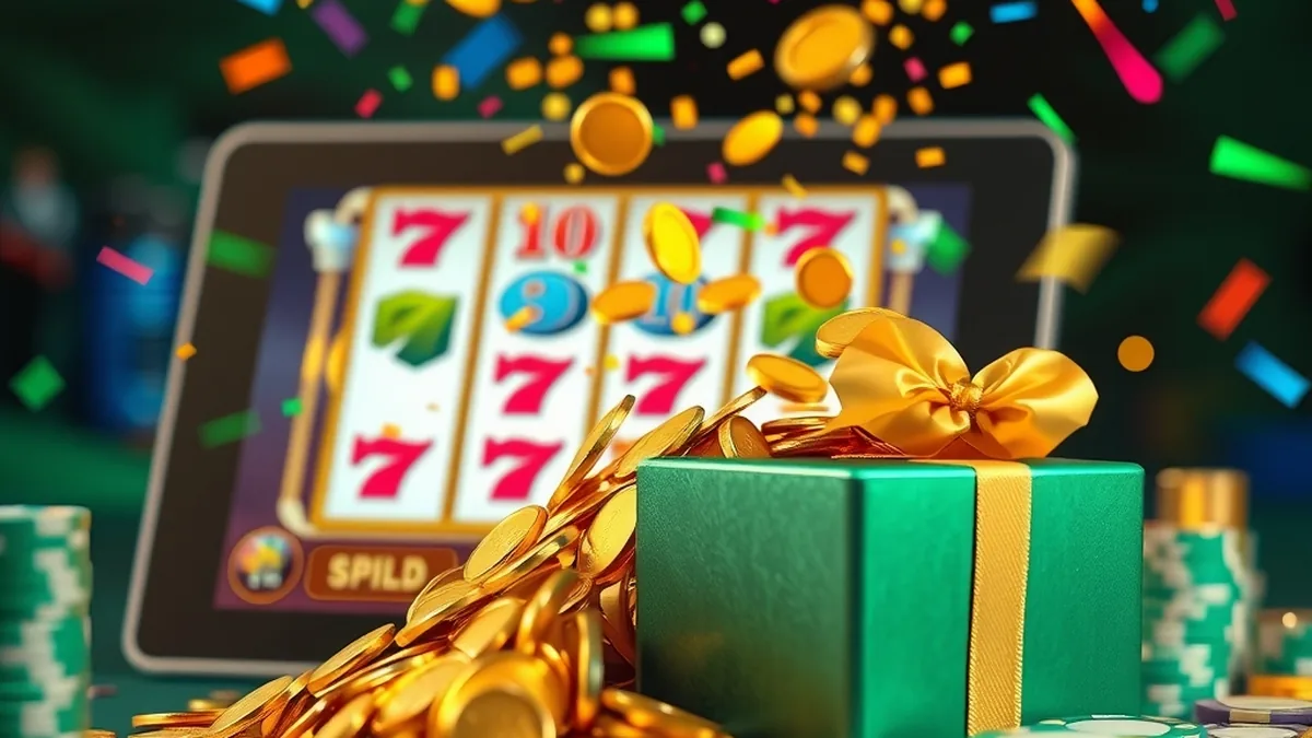 Gift box pouring spin tokens beside slot reels for a casino bonus
