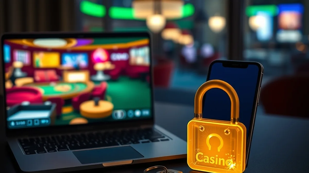Laptop and phone with blurred casino lobby and golden padlock for login