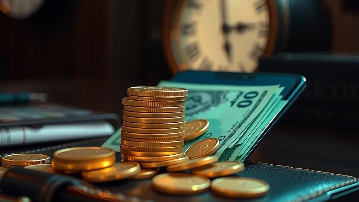 Coins and notes flowing from a phone into a wallet for a withdrawal